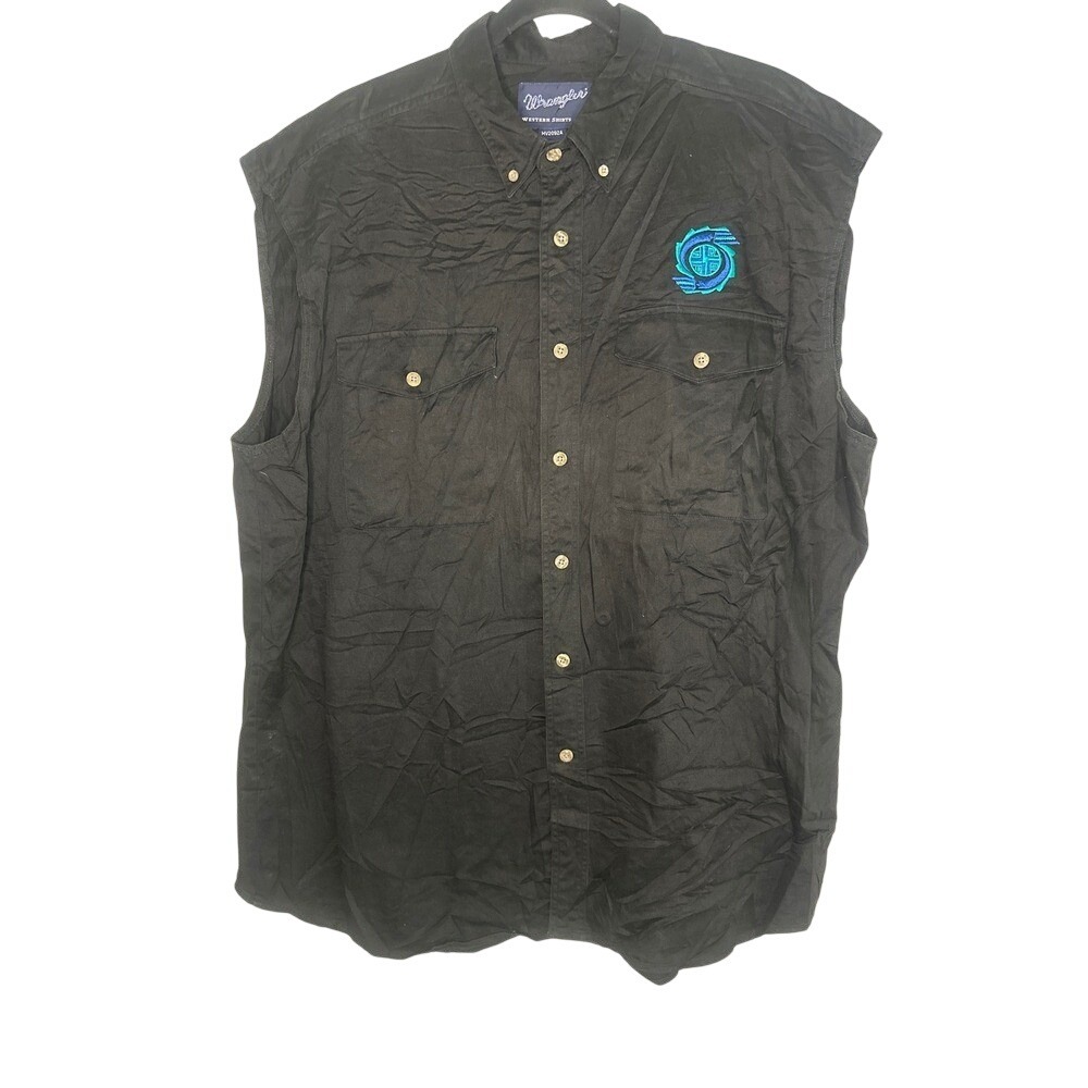 Vintage 90's Wrangler Tribal Western Sleeveless Shirt Black‎ Cotton Button Up XL